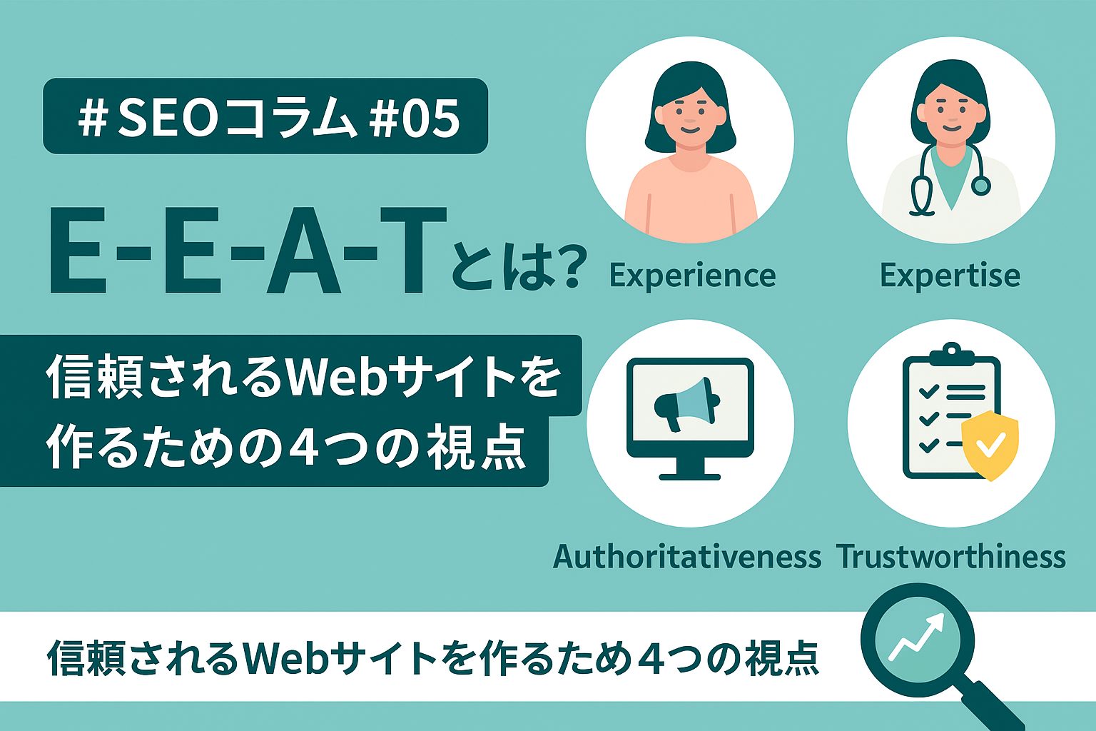 E-E-A-T（経験・専門性・権威性・信頼性）をテーマにしたSEOコラムのアイキャッチ画像。人のプロフィール、会話吹き出し、チェックリストなどが描かれ、信頼性あるWebコンテンツの構築を視覚的に表現している。